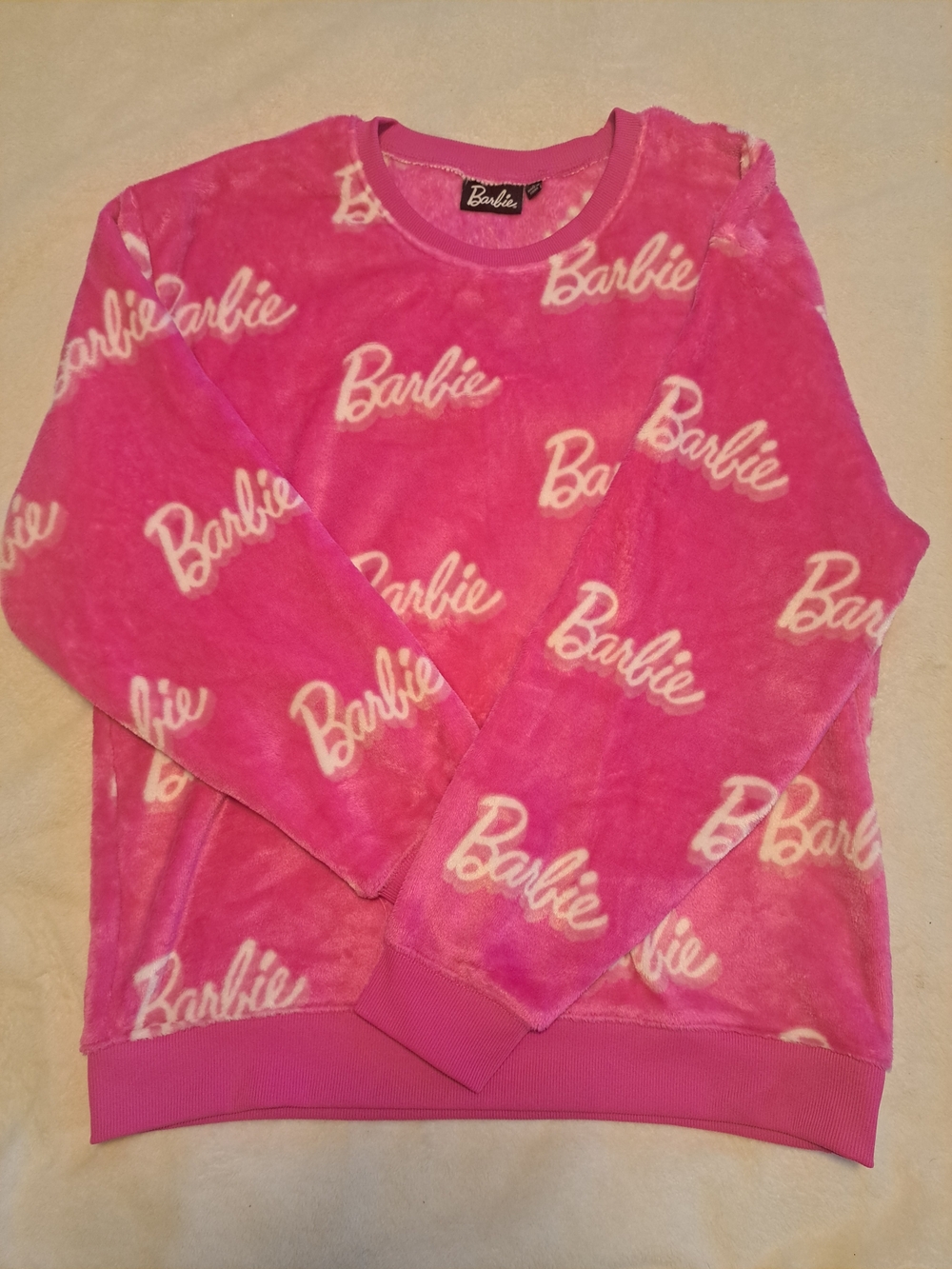 Barbie Pink Plush Logo Crewneck Sweatshirt